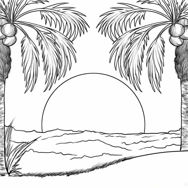 Palmbomen met Kokosnoten op Strand Kleurplaat