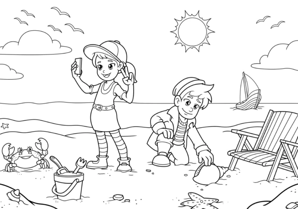 Boy and Girl on Beach Coloring Page