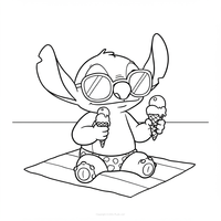 Stitch op het strand eet een ijsje