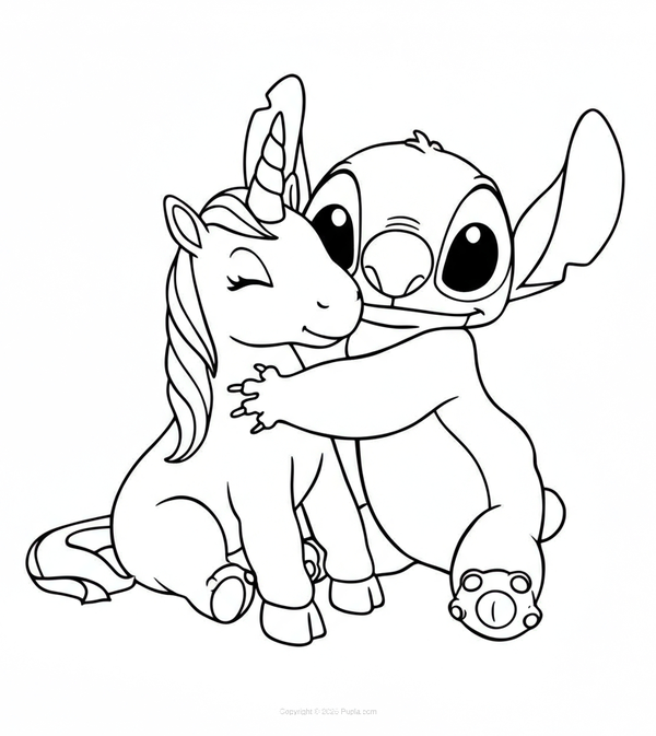 Stitch umarmt ein Einhorn Ausmalbild