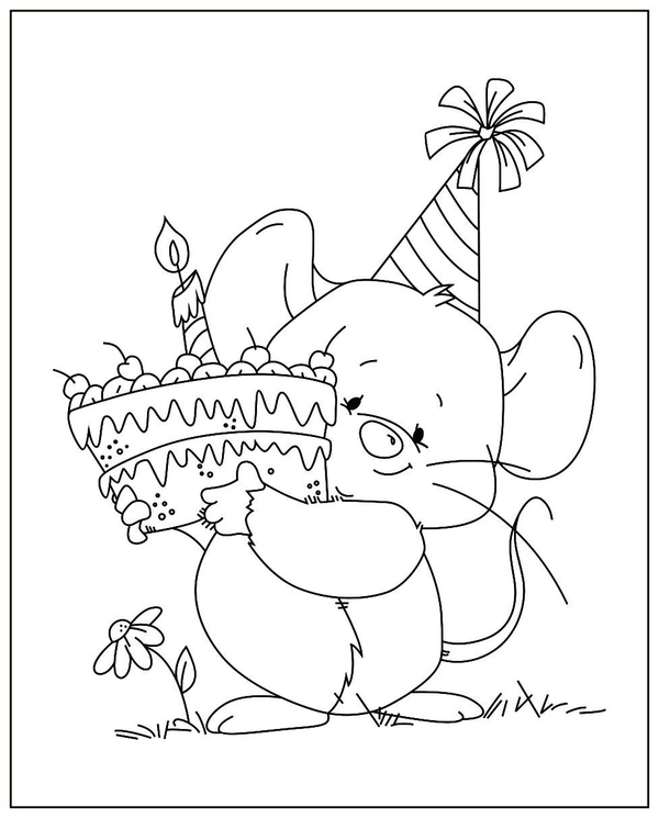 Dibujo para Colorear Ratón con tarta de cumpleaños