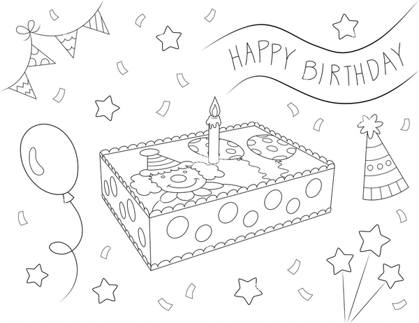 Happy Birthday Cake with Clown Coloring Page