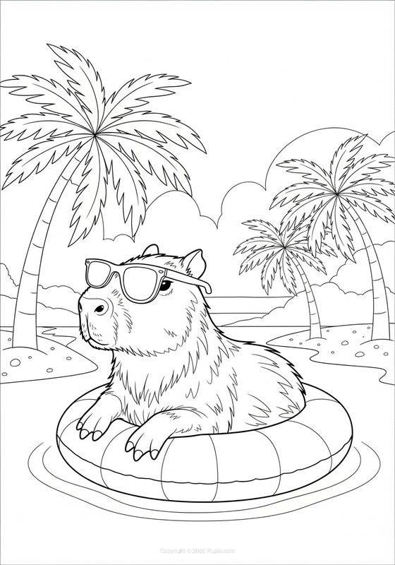 Dibujo para Colorear Capibara flotando en un colchón de aire