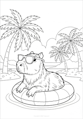 Capybara floating on a lilo