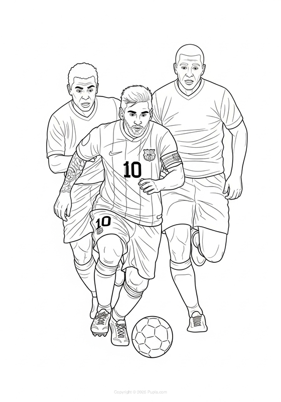 Messi chased by opponents Coloring Page