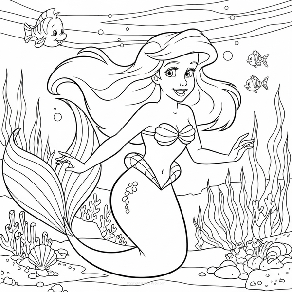 Ariel Swimming Underwater Coloring Page