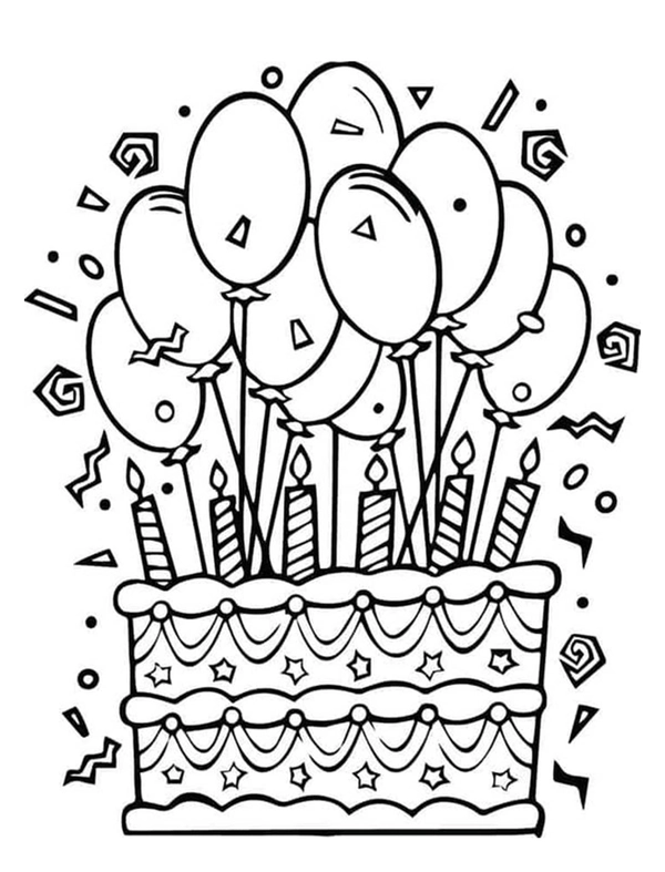 Happy Birthday Torte mit Luftballons Ausmalbild