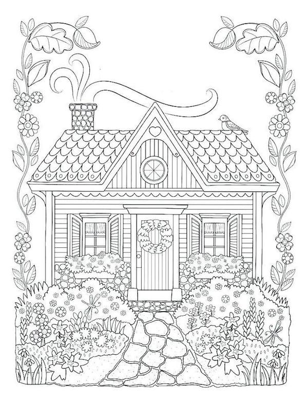 Dibujo para Colorear Casa con jardín de flores