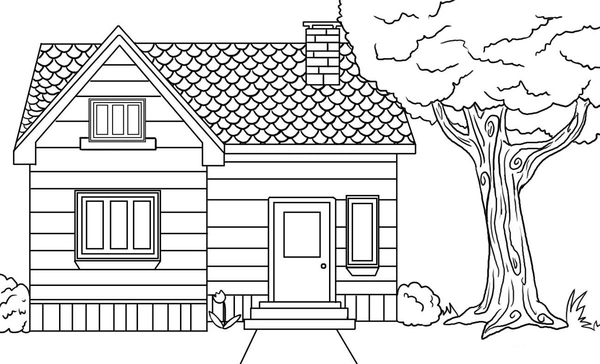 House with Tree on Right Side Coloring Page