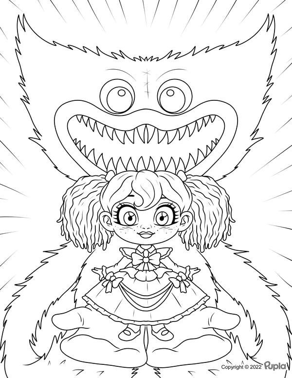 Huggy Wuggy & Cute Girl Coloring Page