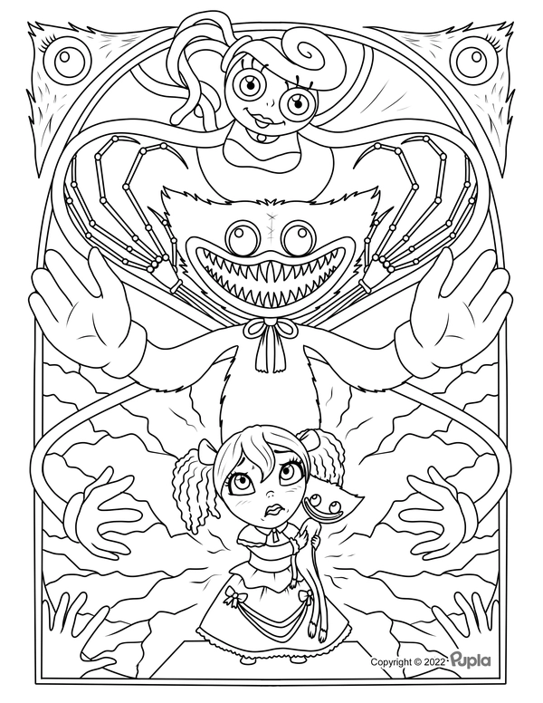 Scary Huggy Wuggy & Girls Coloring Page