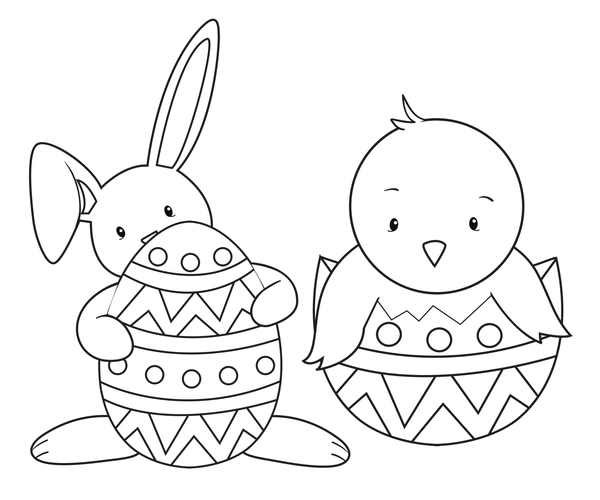 Dibujo para Colorear Conejo y pato de Pascua en un huevo