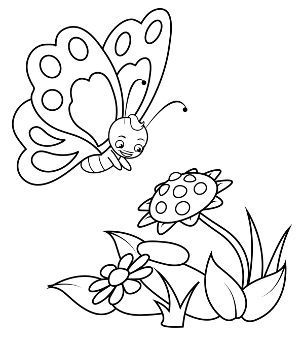 Dibujo para Colorear Simpática mariposa con flor