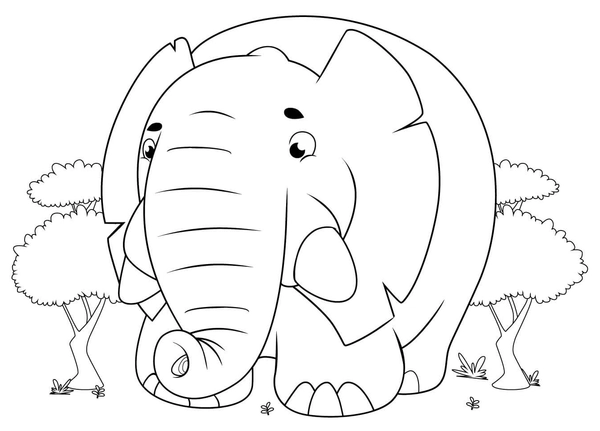 Dibujo para Colorear Gran elefante de dibujos animados en el bosque
