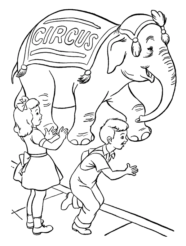 Circus Elephant with Boy and Girl Coloring Page