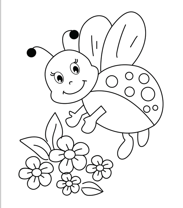 Ladybug Picking Flowers Coloring Page