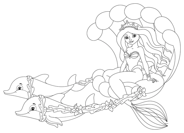 Mermaid in Carriage with Dolphins Coloring Page