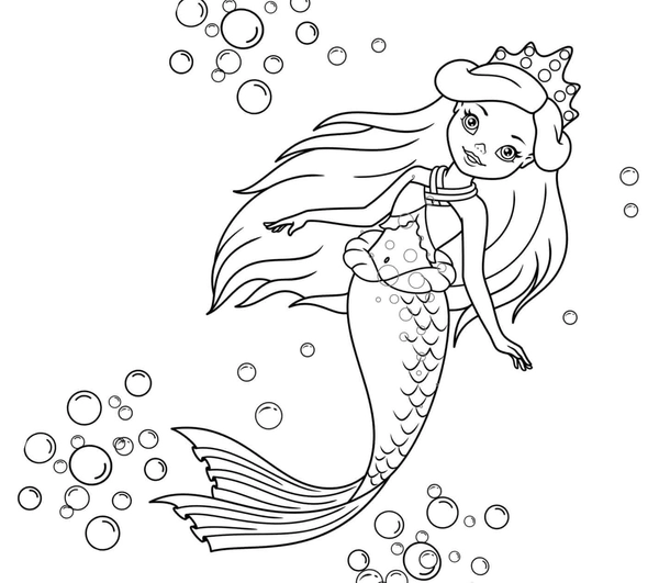 Mermaid Princess with Crown Coloring Page