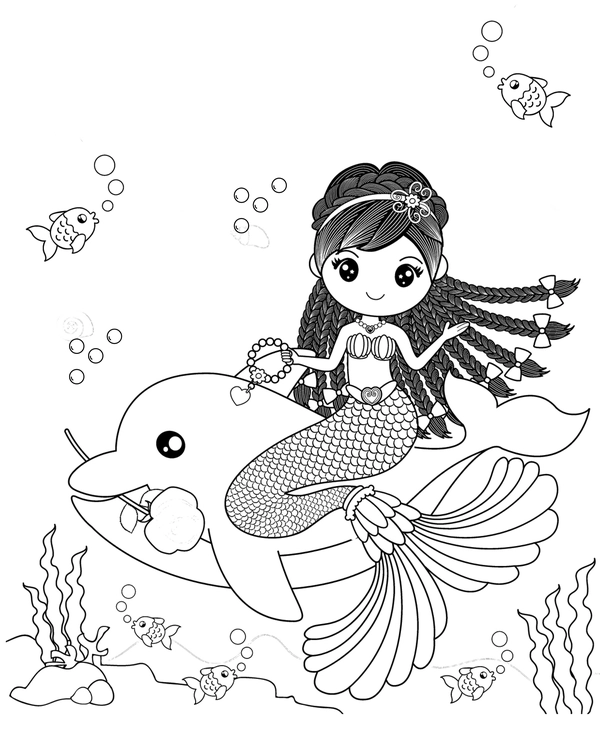 Mermaid Swimming with Dolphin Coloring Page