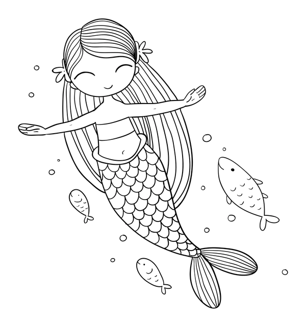 Mermaid Swimming with Fishes Coloring Page