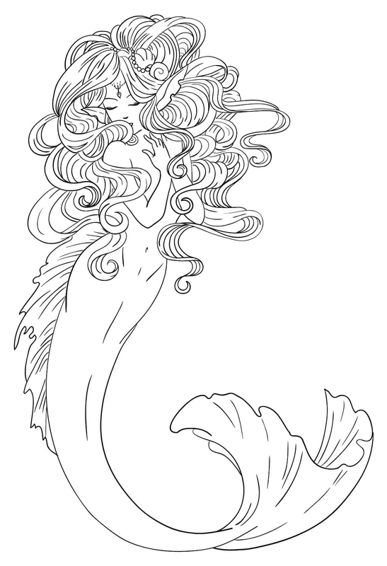 Dibujo para Colorear Sirena con gran melena rizada