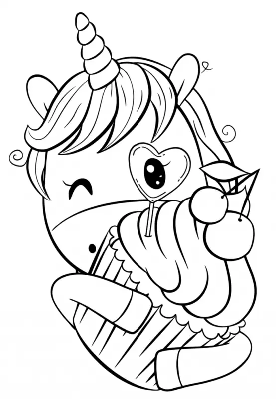 Unicorn with Cupcake Coloring Page