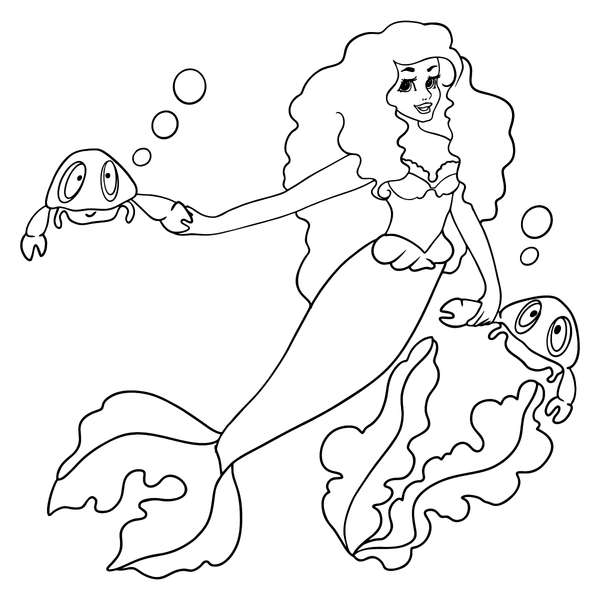 Mermaid with Curly Hair and Crabs Coloring Page