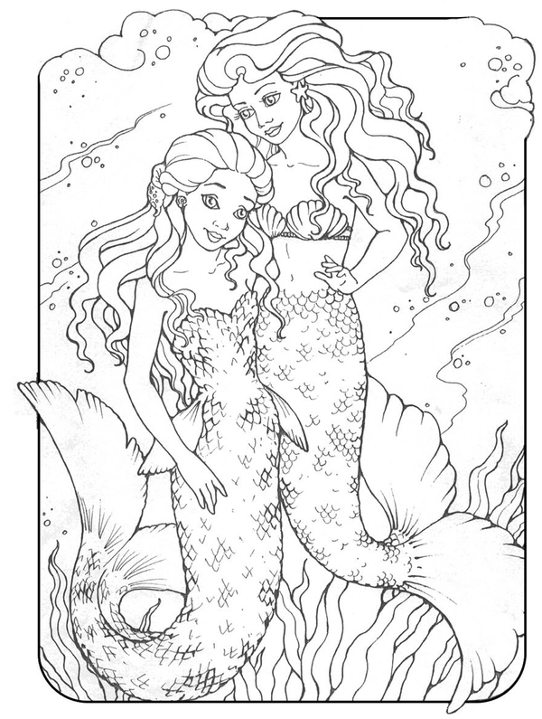 Two Mermaids Together Detailed Coloring Page