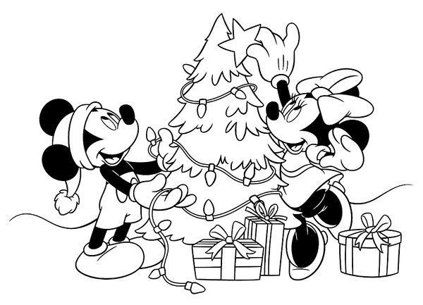 Mickey Mouse und Minnie schmücken den Weihnachtsbaum Ausmalbild