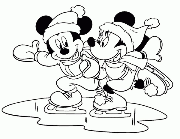 Mickey Mouse en Minnie Schaatsen Kleurplaat