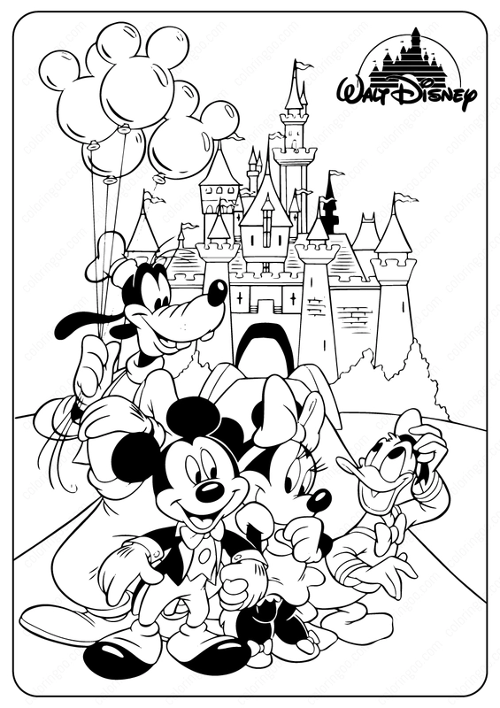 Mickey Mouse and Friends in front of Castle Coloring Page
