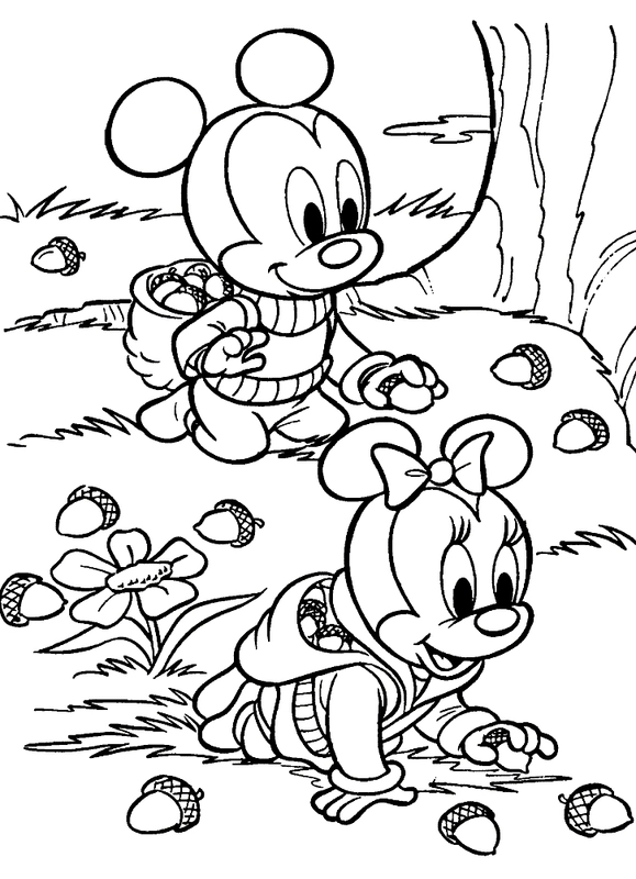 Coloriage Bébé Minnie Mouse et Mickey ramassent des glands