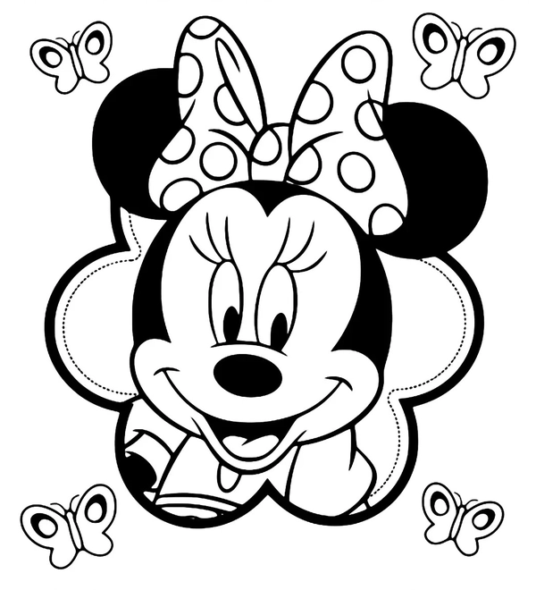 Minnie Mouse Kopf mit Schmetterlingen Ausmalbild
