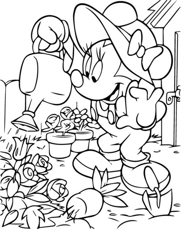 Dibujo para Colorear Minnie Mouse regando las plantas