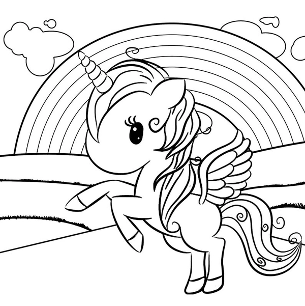 Rainbow with cute unicorn Coloring Page