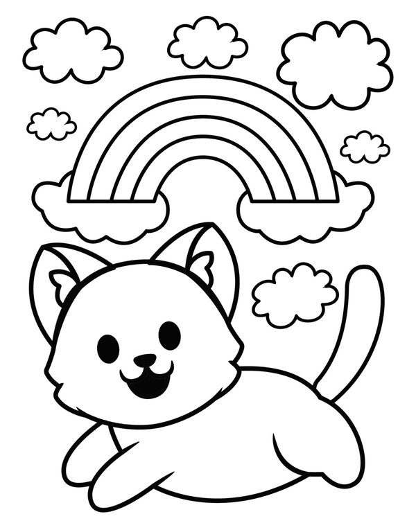 Rainbow with Jumping Cat Coloring Page