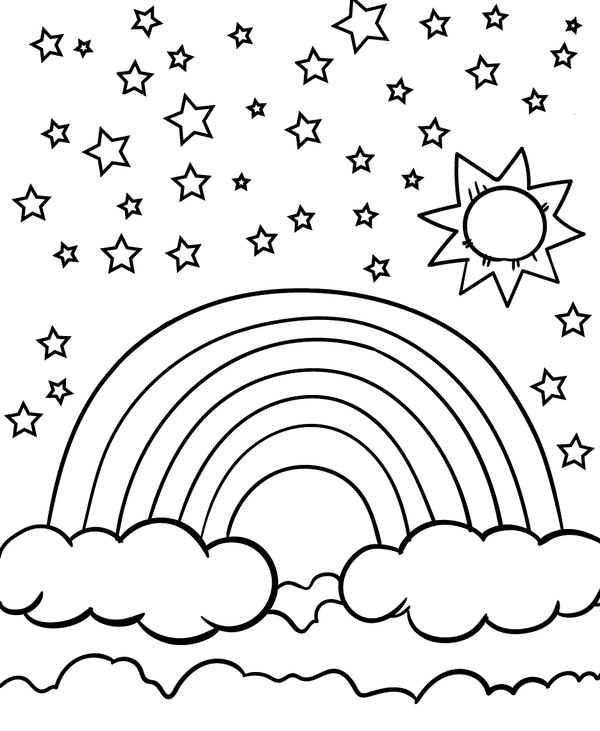 Coloriage Arc-en-ciel avec étoiles et soleil