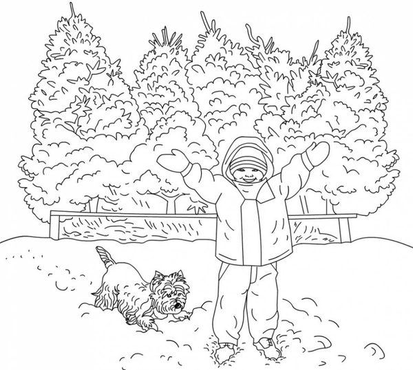 Coloriage Garçon et chien dans la neige