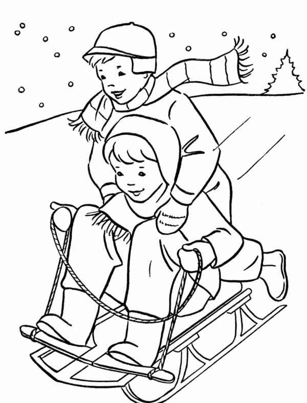 Winter Jongen en Meisje op de Slee Kleurplaat