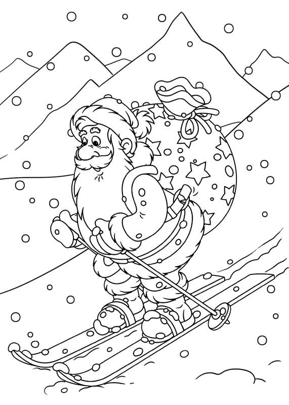 Coloriage Hiver Noël Père Noël Ski