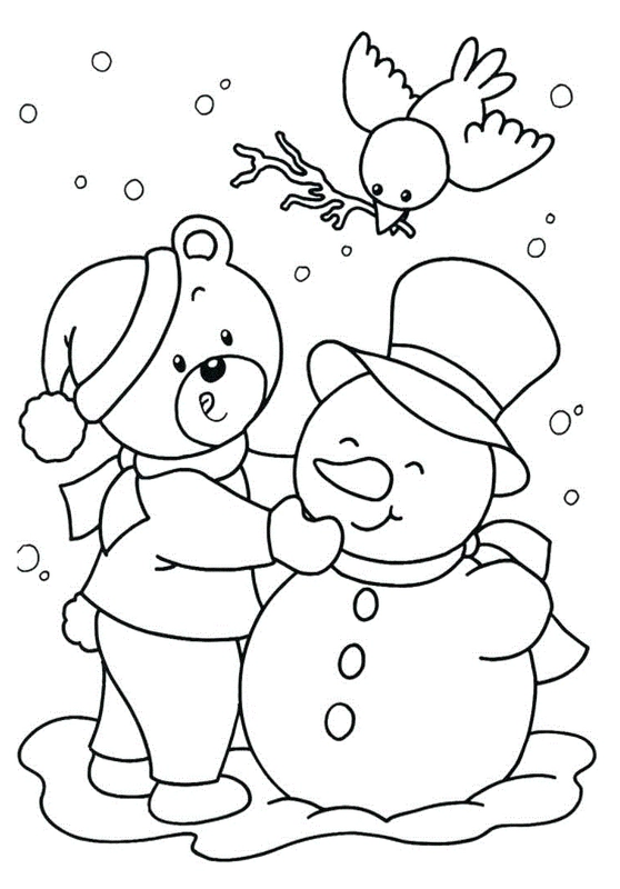 Winter Christmas Snowman Bear and Bird Coloring Page