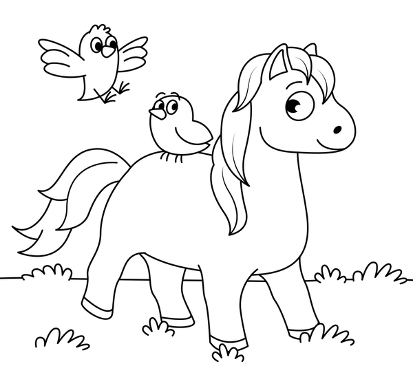 Horse with Birds Coloring Page
