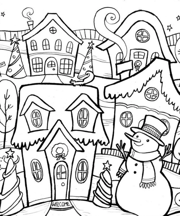 Winter Houses and Snowman Coloring Page