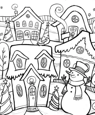 Maisons d'hiver et bonhomme de neige