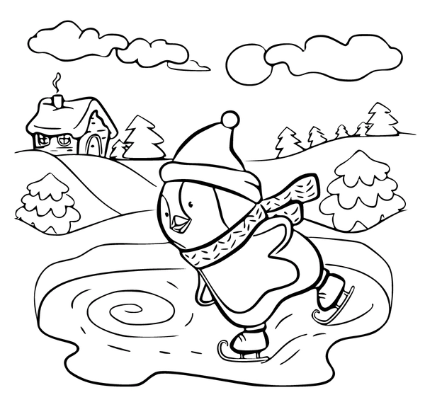 Winter Ice Skating Penguin Coloring Page
