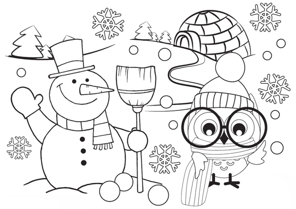 Winter Snowman and Owl Coloring Page