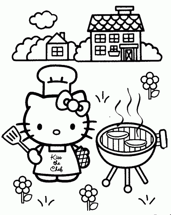 Hello Kitty Chef BBQ Coloring Page