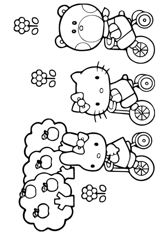 Dibujo para Colorear Hello Kitty en bicicleta con amigos