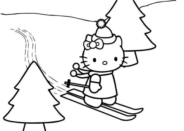 Hello Kitty Skifahren Winter Ausmalbild