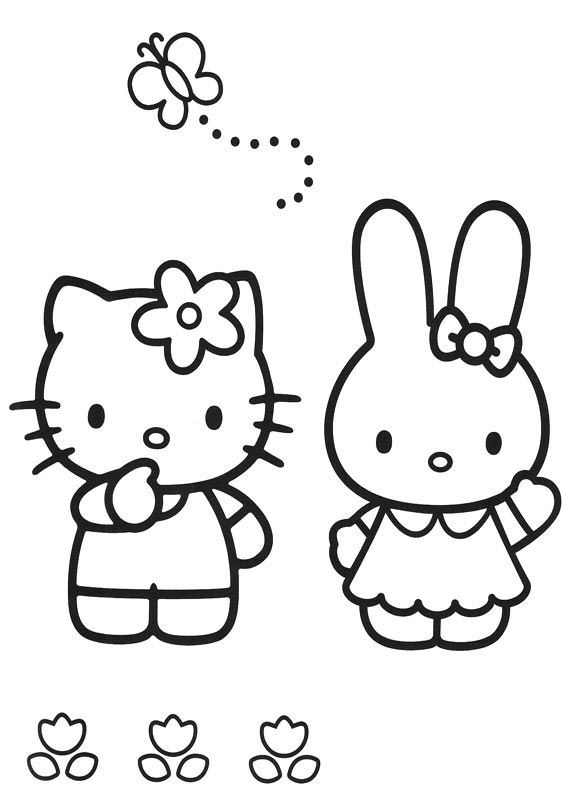 Hello Kitty with Friend and Butterfly Coloring Page